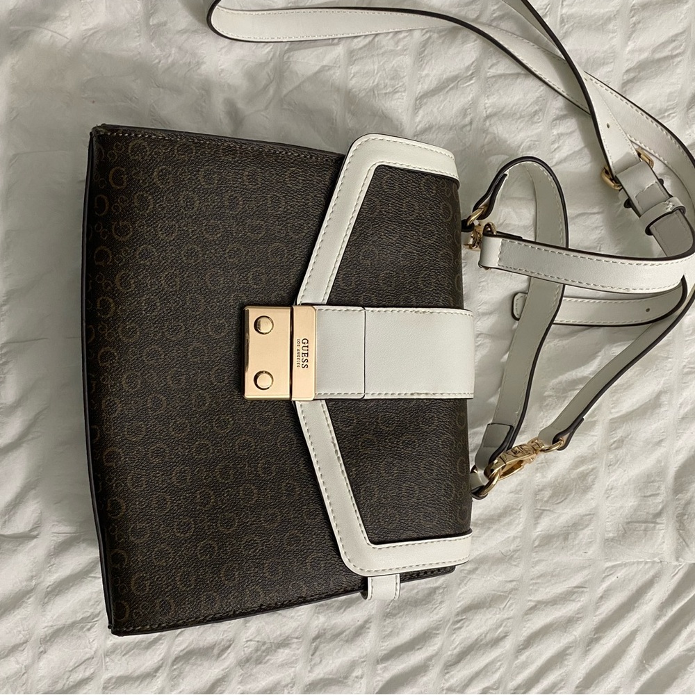 GUESS Brown Logo Crossbody with White Trim and Gold Hardware